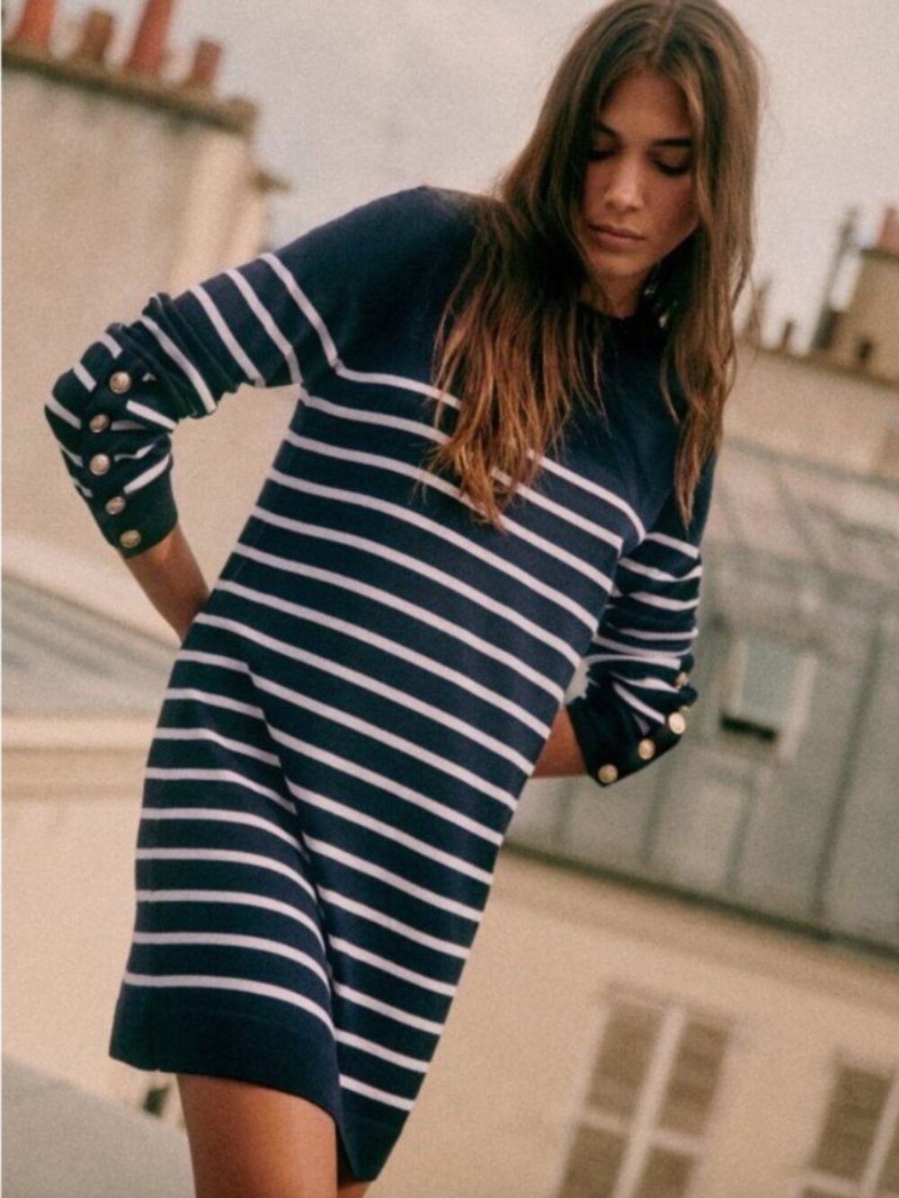 Sezane Paola Dress in Navy and Ecru Size Small - REPAIRED